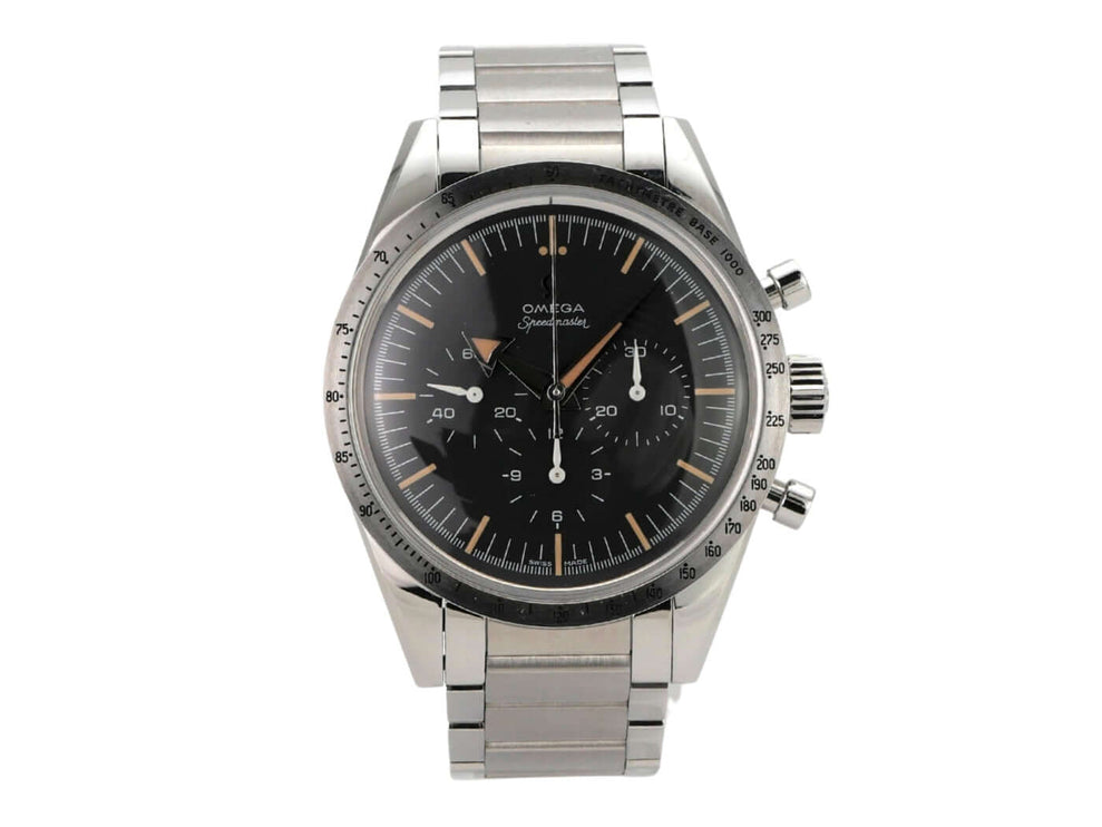 Omega Speedmaster 57 Chronograph Limited 311.10.39.30.01.001 mit schwarzem Zifferblatt und Edelstahlarmband.