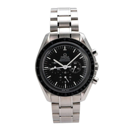 Omega Speedmaster Professional Moonwatch 311.30.42.30.01.005 mit schwarzem Zifferblatt und Edelstahlarmband.