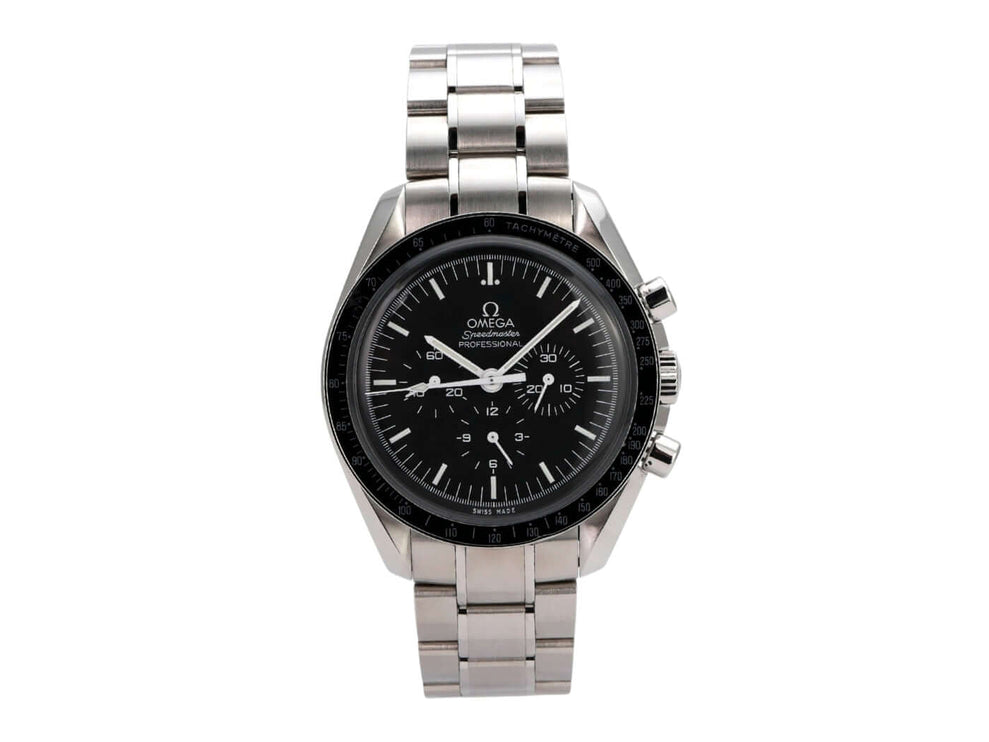 Omega Speedmaster Professional Moonwatch 311.30.42.30.01.005 mit schwarzem Zifferblatt und Edelstahlarmband.
