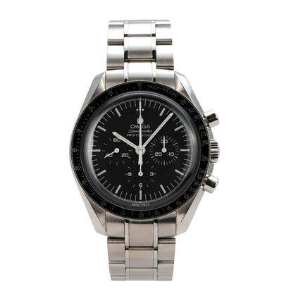 Omega Speedmaster Professional Moonwatch 311.30.42.30.01.005 mit schwarzem Zifferblatt und Edelstahlarmband.