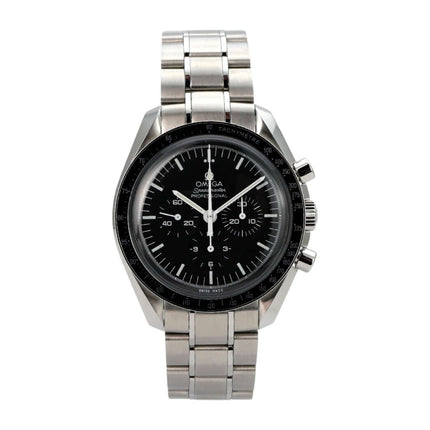 Omega Speedmaster Professional Moonwatch 311.30.42.30.01.005 mit schwarzem Zifferblatt und Edelstahl-Armband.