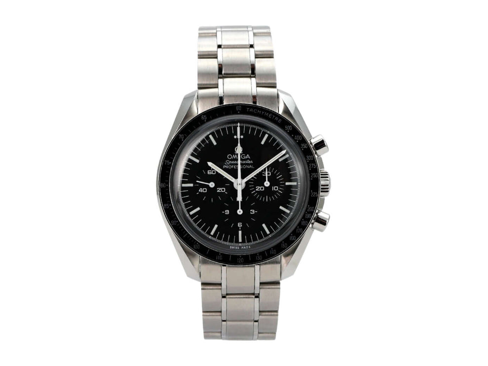 Omega Speedmaster Professional Moonwatch 311.30.42.30.01.005 mit schwarzem Zifferblatt und Edelstahl-Armband.