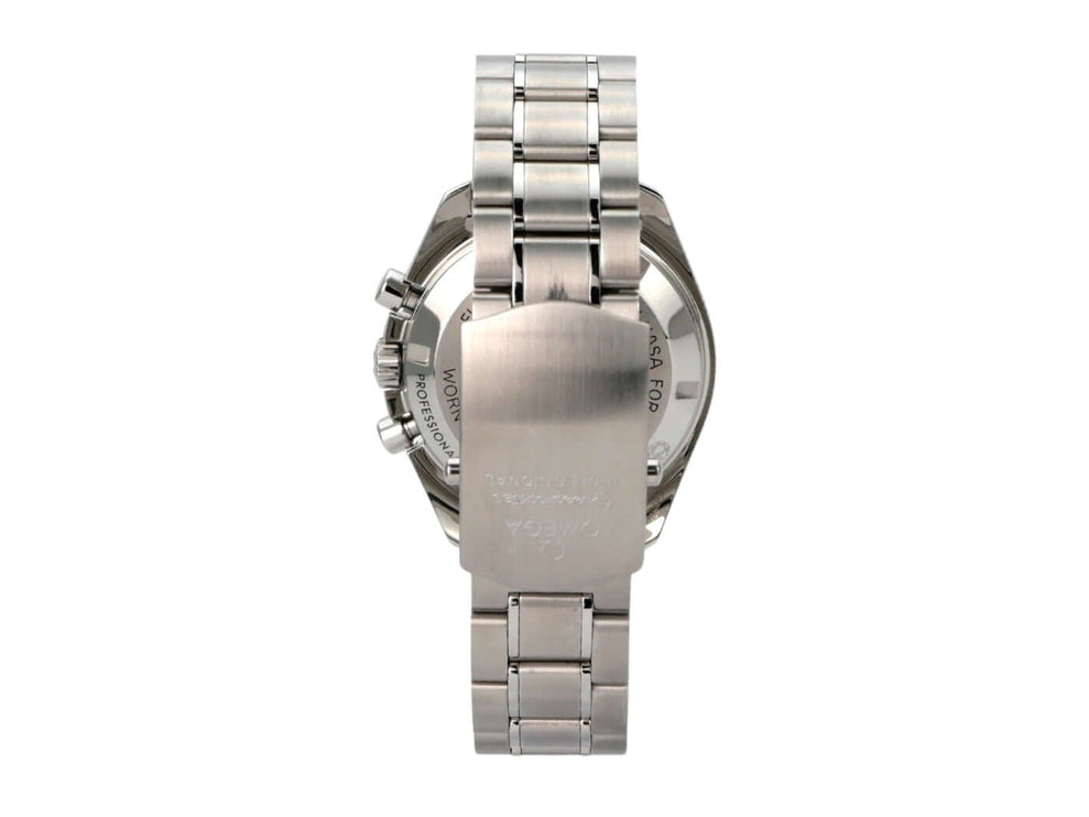 Omega Speedmaster Professional Moonwatch 311.30.42.30.01.005, Rückansicht mit Edelstahl-Armband, poliert und satiniert.