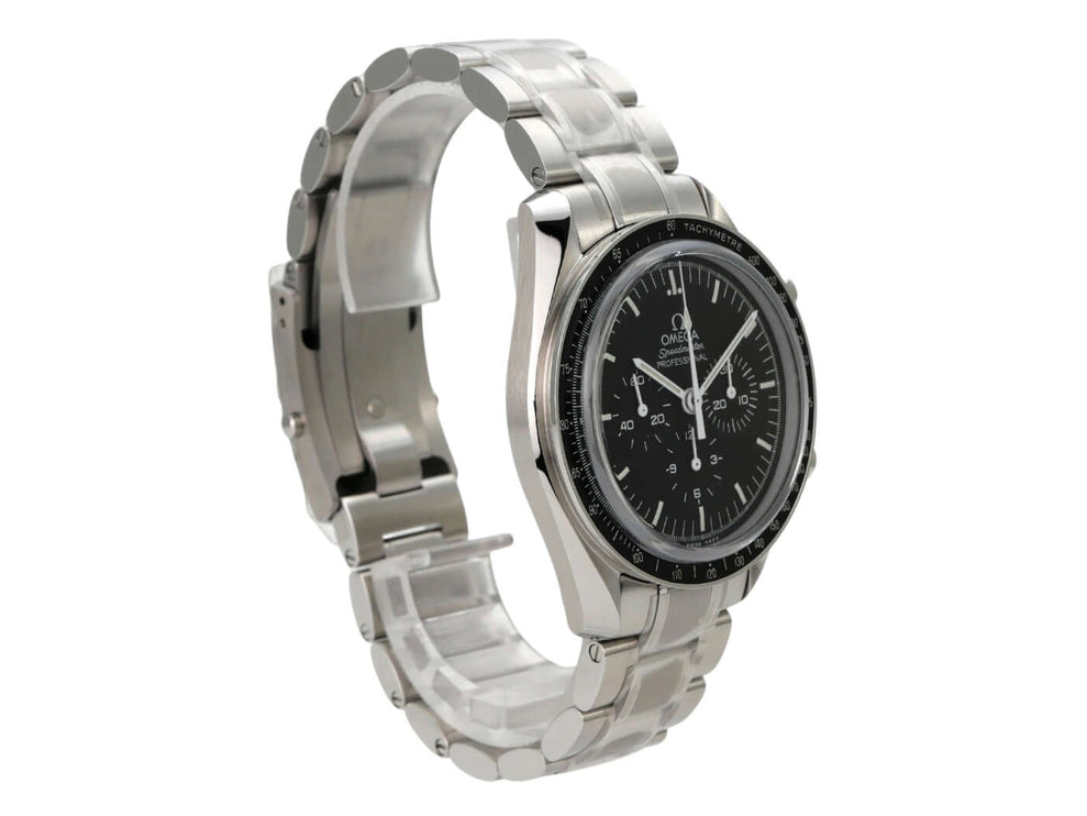Omega Speedmaster Professional Moonwatch 311.30.42.30.01.006 mit Edelstahlarmband und schwarzem Zifferblatt.