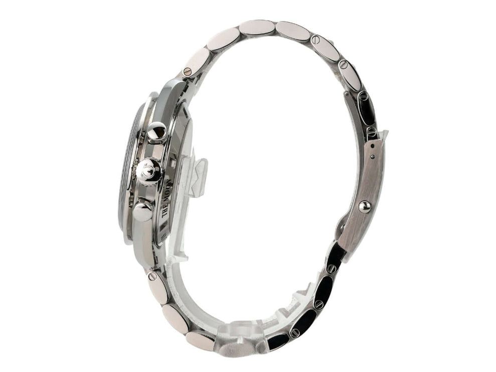 Omega Speedmaster Professional Moonwatch 311.30.42.30.01.006 seitliche Ansicht mit Edelstahlarmband und Gehäuse.