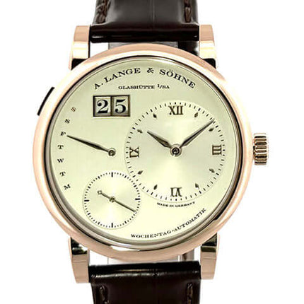 A. Lange & Söhne Lange 1 Daymatic Rotgold 320.032 mit braunem Alligatorlederband und silbernem Zifferblatt
