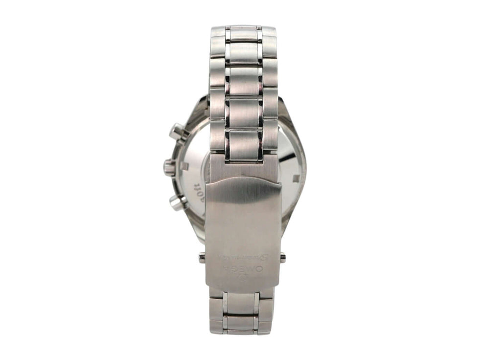 Detailansicht der OMEGA Speedmaster Date Ref. 3210.50.00 mit Edelstahlarmband und Sicherheitsfaltschließe.