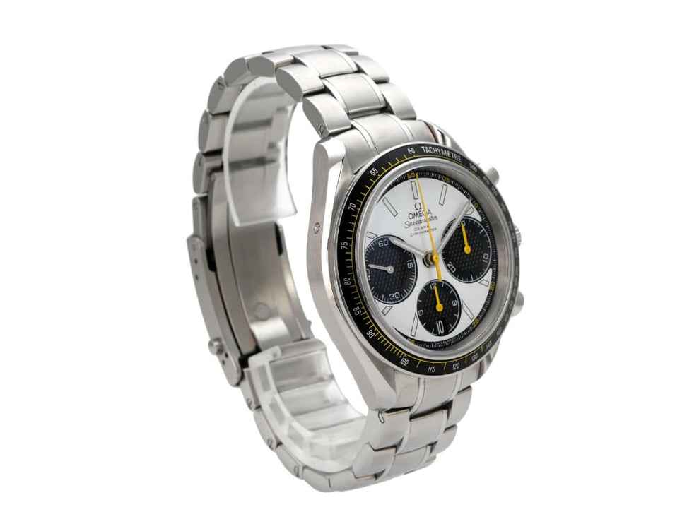 OMEGA Speedmaster Racing 326.30.40.50.04.001 Edelstahl Armbanduhr mit schwarzer Lünette und weißem Zifferblatt.