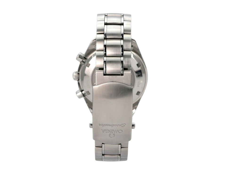 Rückansicht der OMEGA Speedmaster Racing 326.30.40.50.04.001 mit Edelstahl-Armband und Sicherheitsfaltschließe.