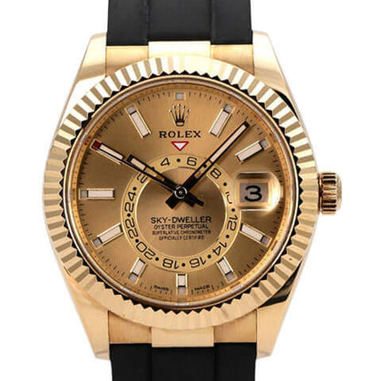 Rolex Sky-Dweller Gelbgold - Oysterflex 326238 Champagner, Luxusarmbanduhr mit schwarzem Oysterflex-Band und Champagner-Zifferblatt