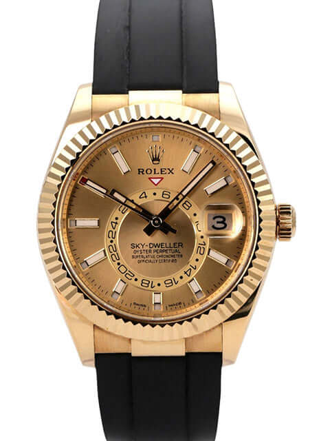 Rolex Sky-Dweller Gelbgold - Oysterflex 326238 Champagner, Luxusarmbanduhr mit schwarzem Oysterflex-Band und Champagner-Zifferblatt