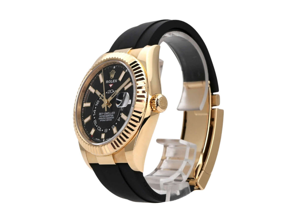 Rolex Sky-Dweller Gelbgold Oysterflex 326238 Schwarz Uhr mit schwarzem Zifferblatt und schwarzem Band