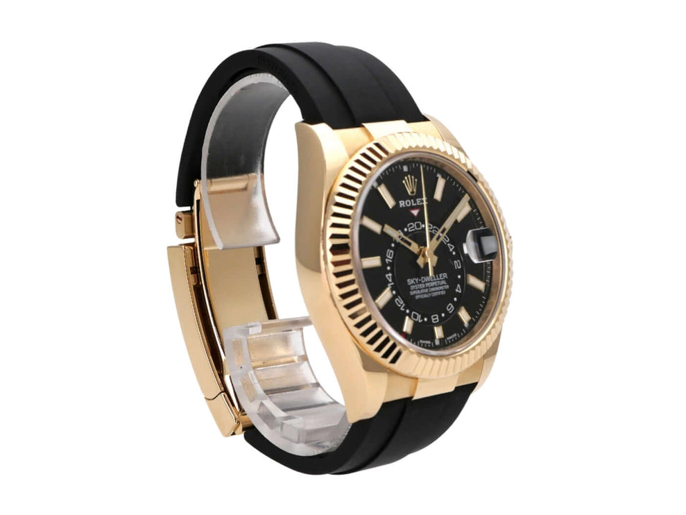 Rolex Sky-Dweller Gelbgold Oysterflex 326238 Schwarz Uhr mit schwarzem Zifferblatt und Oysterflexband