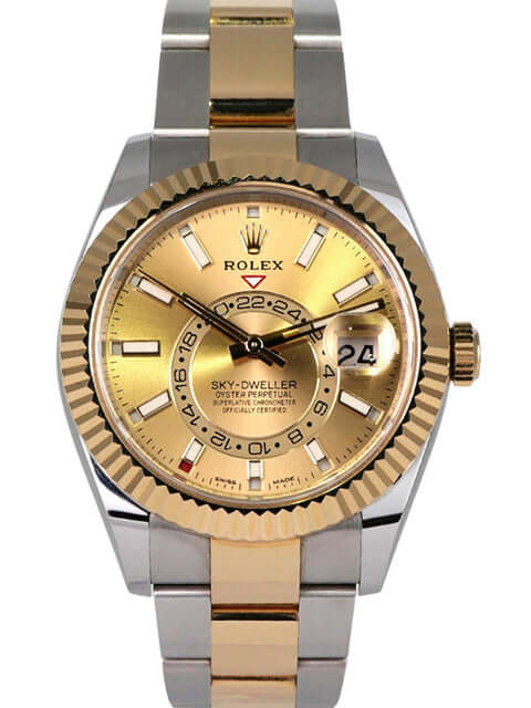 Rolex Sky-Dweller Edelstahl Gelbgold 326933 Champagner mit champagnerfarbenem Zifferblatt und Oyster-Armband.