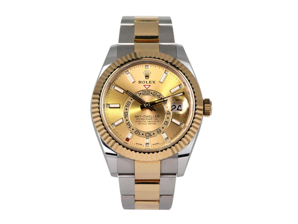 Rolex Sky-Dweller Edelstahl Gelbgold 326933 Champagner mit champagnerfarbenem Zifferblatt und Oyster-Armband