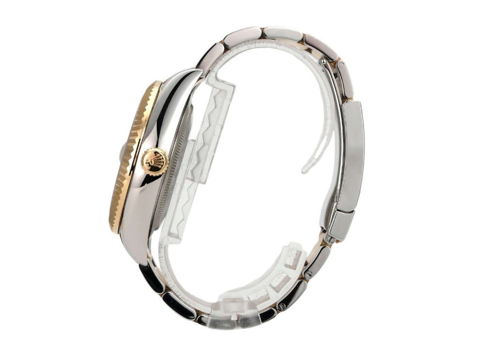 Rolex Sky-Dweller Edelstahl Gelbgold 326933 Champagner seitliche Ansicht des Armbands und Gehäuses.