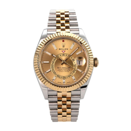 Rolex Sky-Dweller 326933 Champagner Jubile-Band mit poliertem Edelstahlsgehäuse und Gelbgold-Armband.