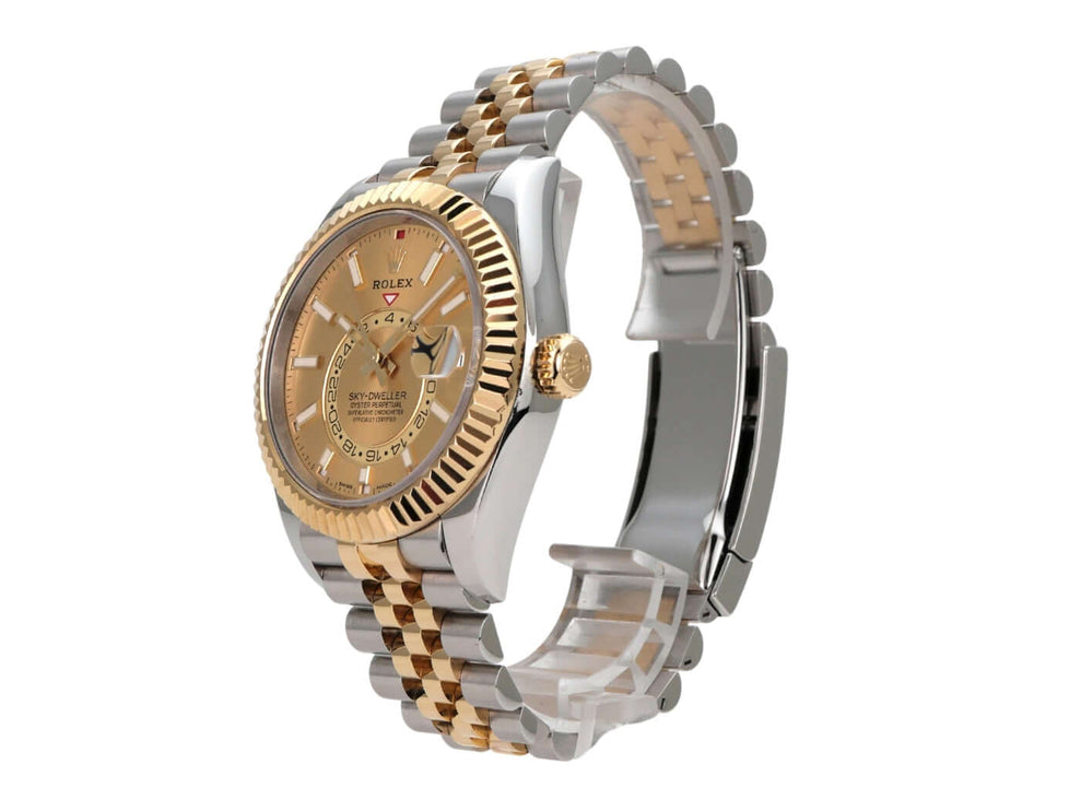 Rolex Sky-Dweller 326933 Champagner Jubile-Band auf Edelstahl-Gold Armband, champagnerfarbenes Zifferblatt.