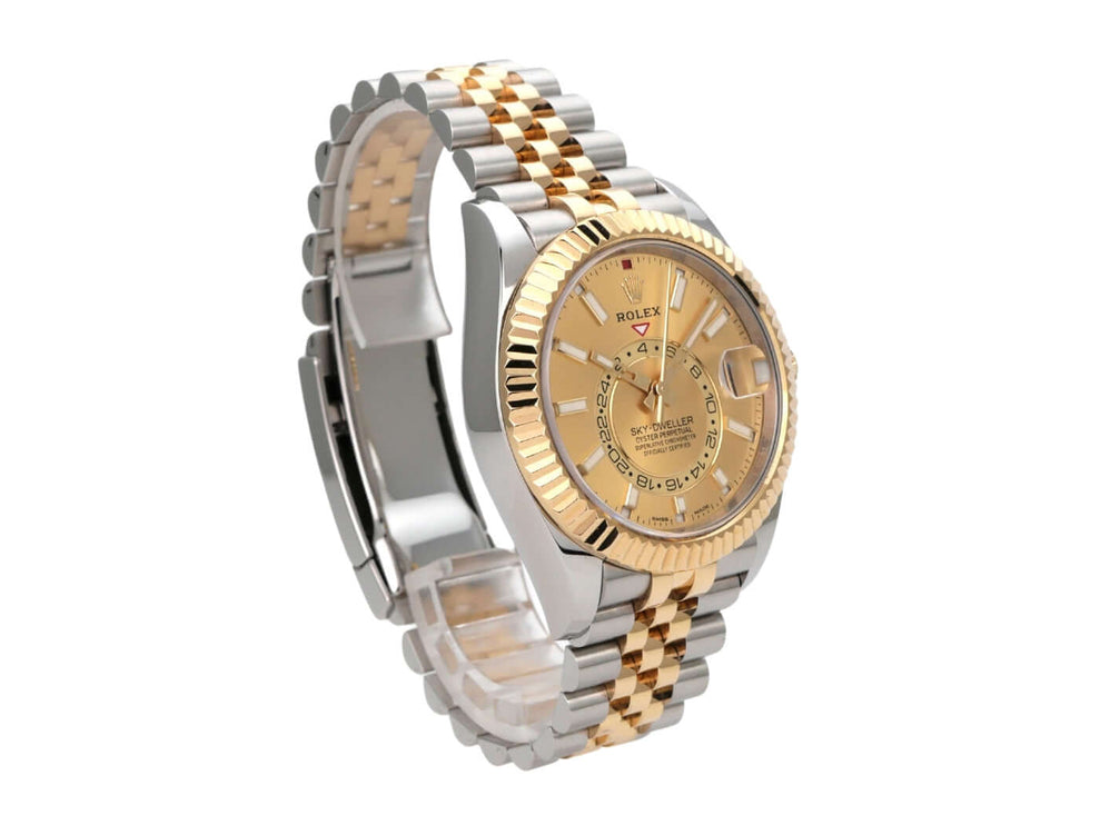 Rolex Sky-Dweller 326933 Champagner Jubile-Band Uhr mit Edelstahl und Gelbgoldarmband und champagnefarbenem Zifferblatt