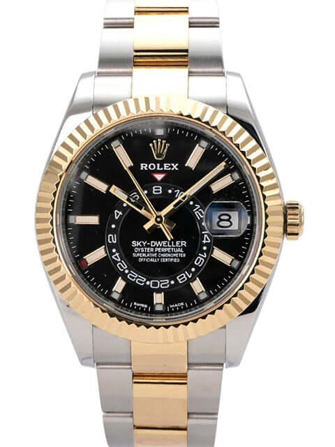 Rolex Sky-Dweller Edelstahl Gelbgold 326933 Schwarz mit schwarzem Zifferblatt und Oyster-Armband aus Edelstahl/Gelbgold.