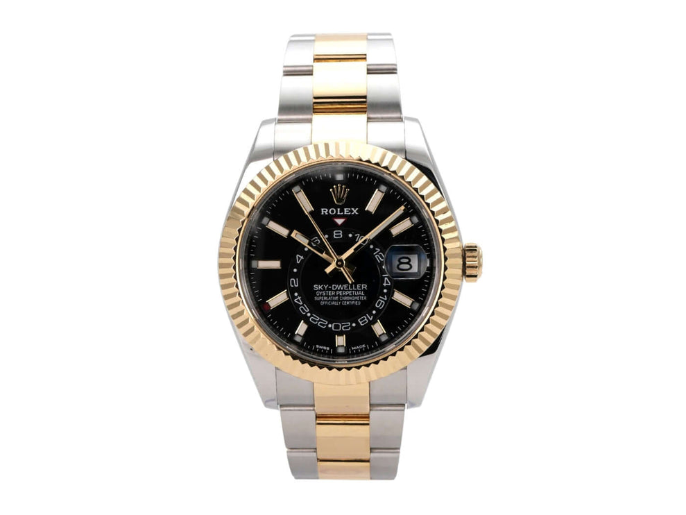 Rolex Sky-Dweller Edelstahl Gelbgold 326933 Schwarz mit schwarzem Zifferblatt und Oyster-Armband.