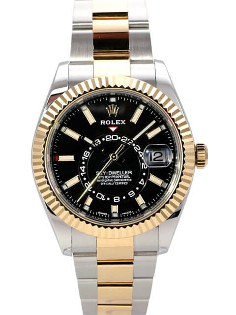 Rolex Sky-Dweller Edelstahl Gelbgold 326933 Schwarz mit schwarzem Zifferblatt und Oyster-Armband.