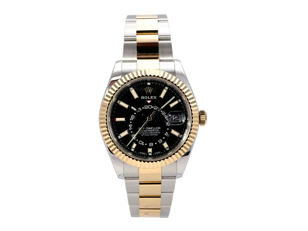 Rolex Sky-Dweller Edelstahl Gelbgold 326933 Schwarz Uhr mit schwarzem Zifferblatt und zweifarbigem Armband.