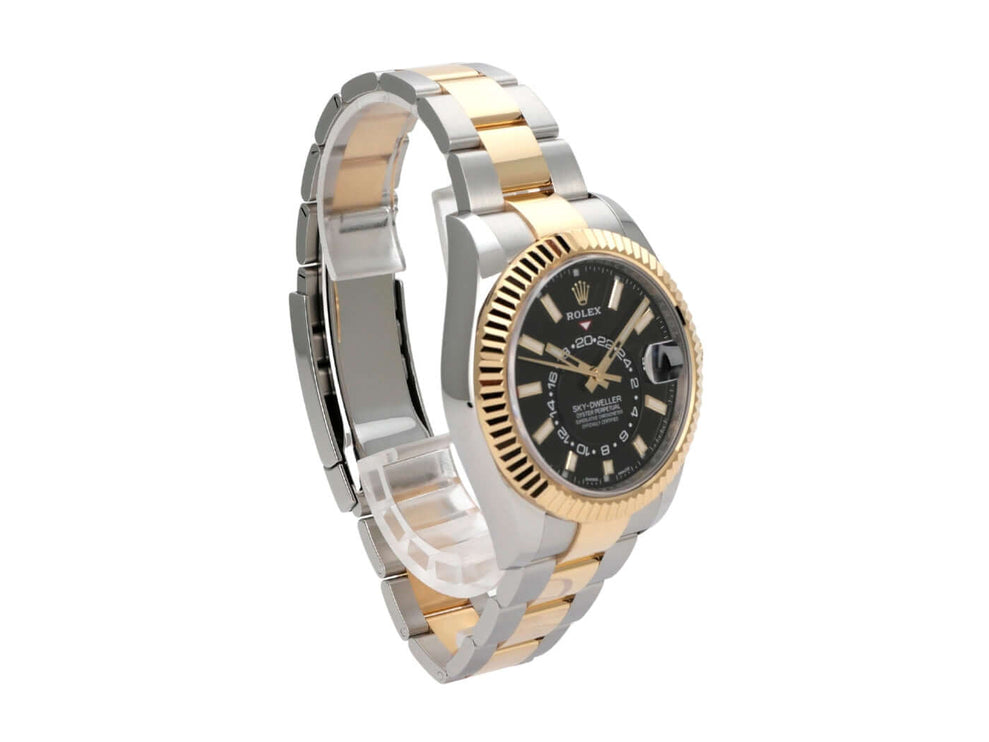 Rolex Sky-Dweller Edelstahl Gelbgold 326933 Schwarz seitliche Ansicht der Armbanduhr mit schwarzem Zifferblatt.