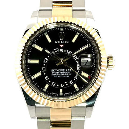 Rolex Sky-Dweller Edelstahl-Gelbgold Uhr 326933 mit schwarzem Zifferblatt, 42mm Gehäuse, Oyster-Armband, 18 kt Gelbgold Lünette