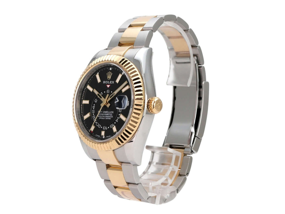Rolex Sky-Dweller Edelstahl Gelbgold 326933 Schwarz, Luxusuhren mit schwarzem Zifferblatt und Oyster-Armband