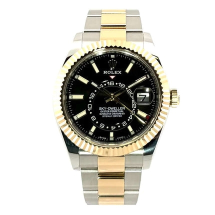 Rolex Sky-Dweller Edelstahl/Gelbgold 326933, schwarzes Zifferblatt, Oyster-Armband, poliert und satiniert, 18 kt Gelbgold-Lünette