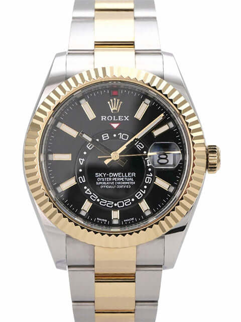 Rolex Sky-Dweller Edelstahl Gelbgold 326933 Schwarz mit schwarzem Zifferblatt und Oyster-Armband.