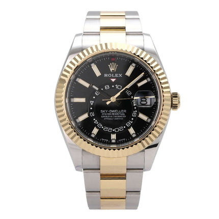 Rolex Sky-Dweller Edelstahl Gelbgold 326933 Schwarz elegante Uhr mit schwarzem Zifferblatt und zweifarbigen Armband