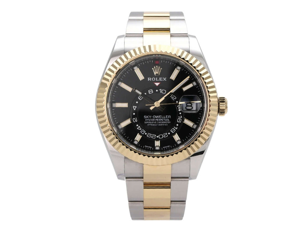 Rolex Sky-Dweller Edelstahl Gelbgold 326933 Schwarz elegante Uhr mit schwarzem Zifferblatt und zweifarbigen Armband