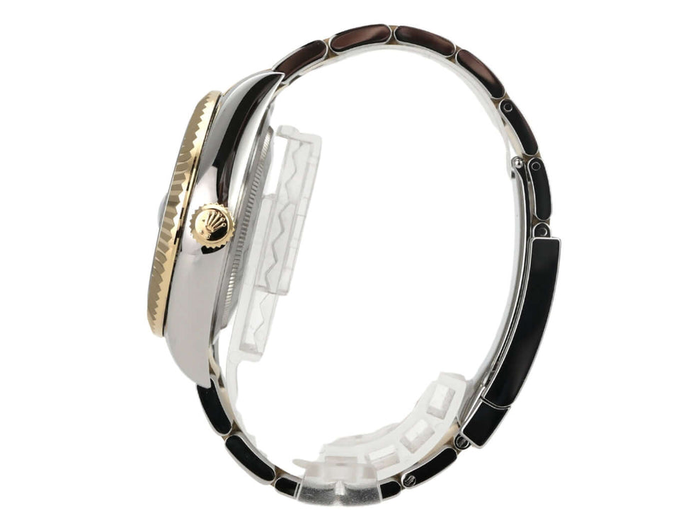 Rolex Sky-Dweller Edelstahl Gelbgold 326933 Schwarz seitliche Ansicht mit poliertem Edelstahl und 18 kt Gelbgold.
