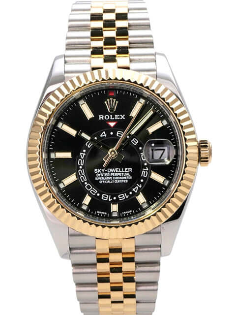 Rolex Sky-Dweller 326933 Schwarz Jubile-Band mit Edelstahl und Gelbgold Gehäuse und schwarzem Zifferblatt.