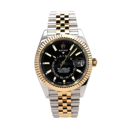 Rolex Sky-Dweller 326933 Schwarz Jubile-Band mit Edelstahl und Gelbgold, schwarzes Zifferblatt und Jubile-Armband.