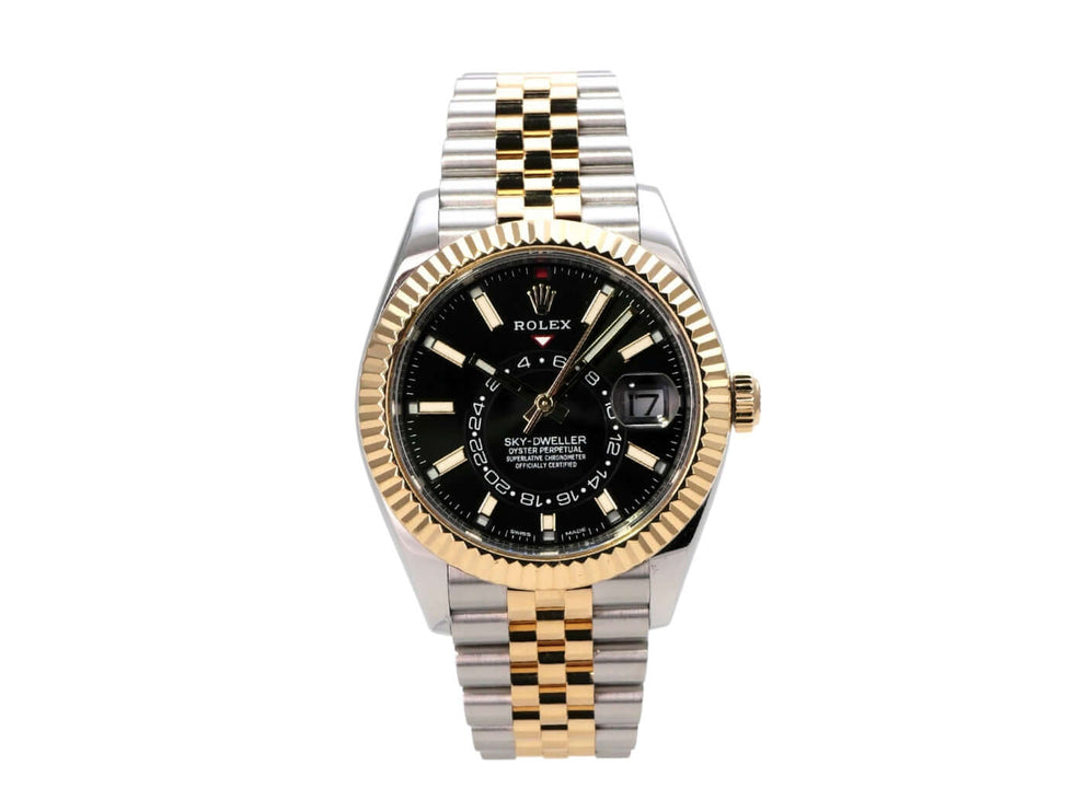 Rolex Sky-Dweller 326933 Schwarz Jubile-Band mit Edelstahl und Gelbgold, schwarzes Zifferblatt und Jubile-Armband.