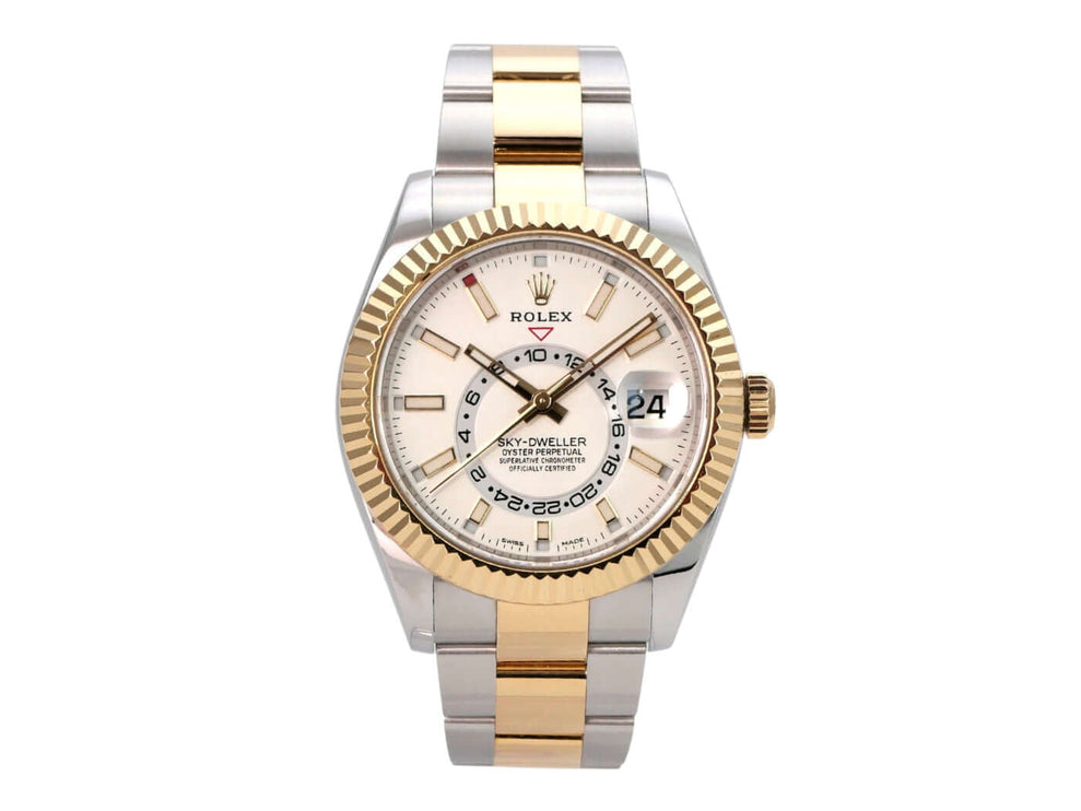 Rolex Sky-Dweller Edelstahl Gelbgold 326933 Weiß, Luxus Uhr mit weißem Zifferblatt und Oyster-Armband