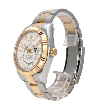 Rolex Sky-Dweller Edelstahl Gelbgold 326933 Weiß, Luxus-Armbanduhr mit weißem Zifferblatt und Goldlünette
