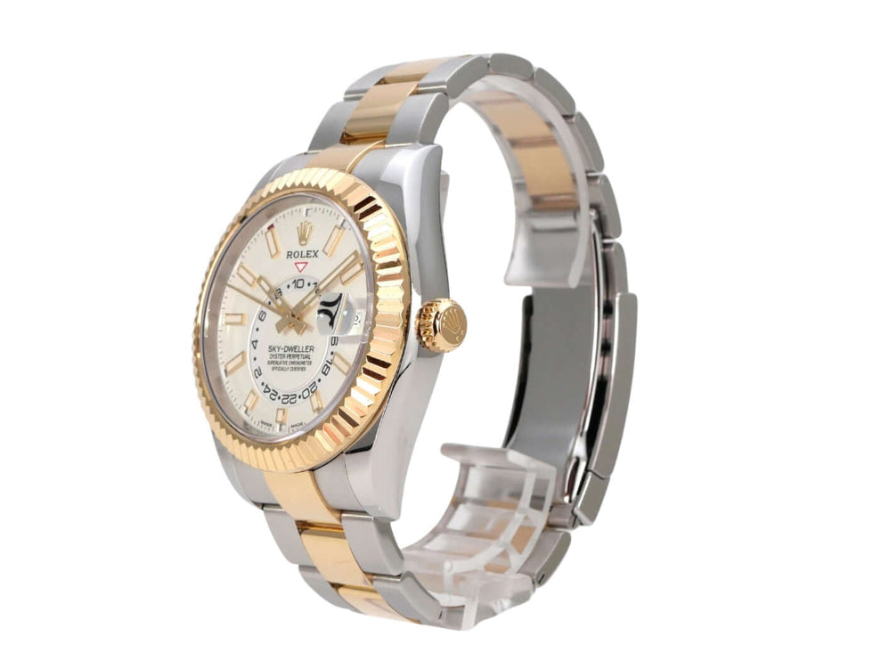Rolex Sky-Dweller Edelstahl Gelbgold 326933 Weiß, Luxus-Armbanduhr mit weißem Zifferblatt und Goldlünette