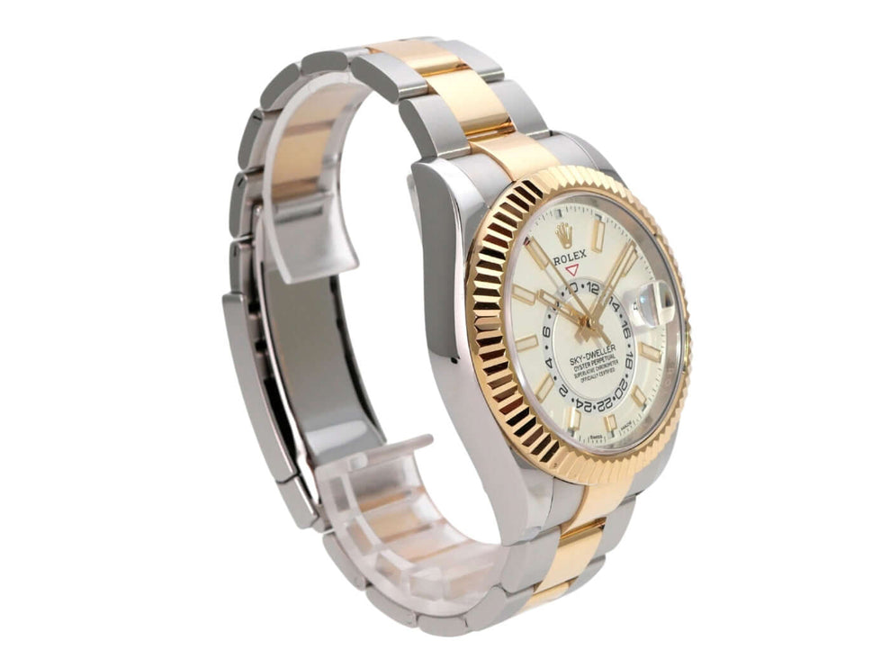 Rolex Sky-Dweller Edelstahl Gelbgold 326933 Weiß, Herrenarmbanduhr mit weißem Zifferblatt und Goldlünette