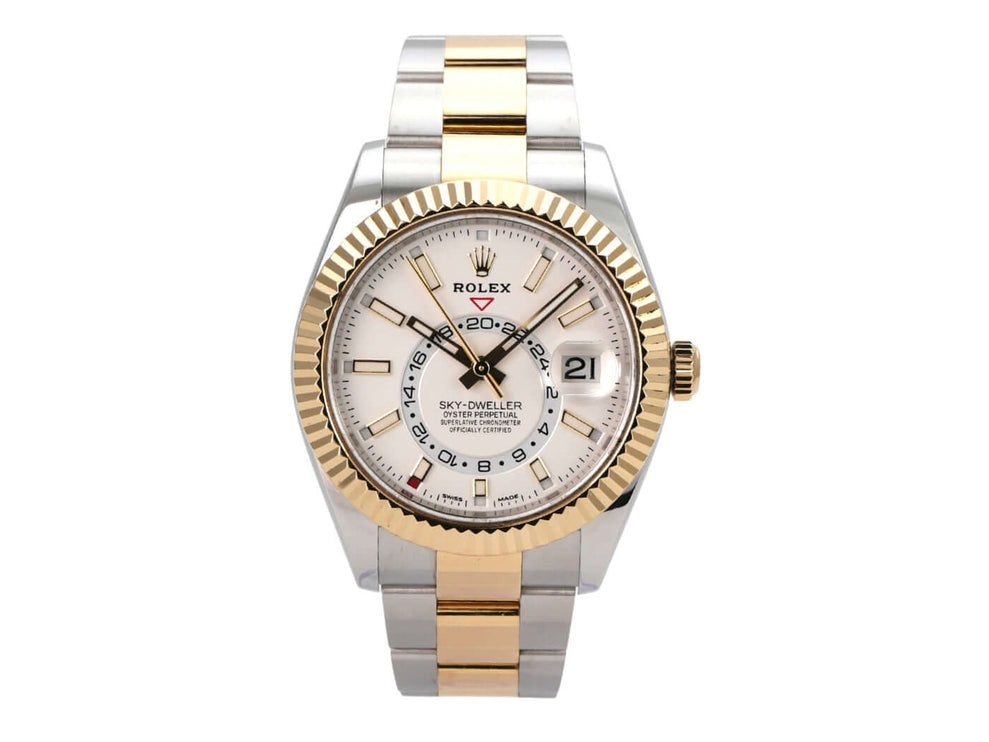 Rolex Sky-Dweller Edelstahl / Gelbgold 326933 Weiß mit Edelstahl- und Gelbgoldarmband, weißem Zifferblatt.