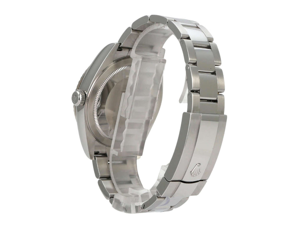 Rolex Sky-Dweller Edelstahl / Weißgold 326934 Blau seitliche Ansicht mit Oyster-Armband aus Edelstahl.