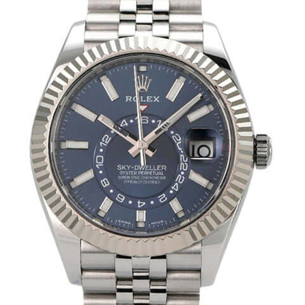 Rolex Sky-Dweller 326934 Edelstahl Weißgold Blau Jubile-Band mit blauem Zifferblatt und Jubilee-Armband.