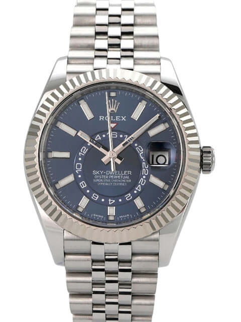 Rolex Sky-Dweller 326934 Edelstahl Weißgold Blau Jubile-Band mit blauem Zifferblatt und Jubilee-Armband.