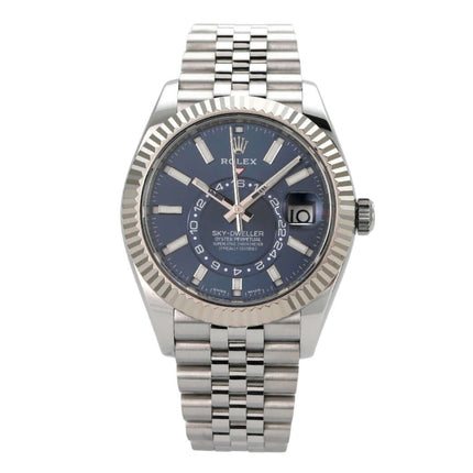 Rolex Sky-Dweller 326934 Edelstahl Weißgold Blau Jubile-Band mit blauem Zifferblatt und Jubilé-Armband.