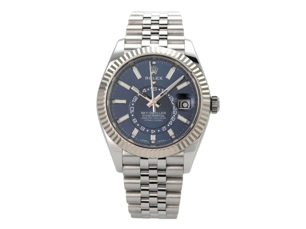 Rolex Sky-Dweller 326934 Edelstahl Weißgold Blau Jubile-Band mit blauem Zifferblatt und Jubilé-Armband.