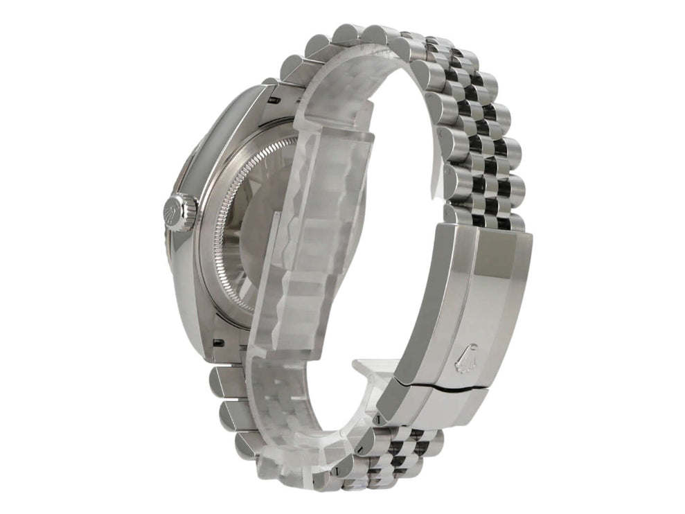 Rolex Sky-Dweller 326934 Edelstahl Weißgold Blau Jubile-Band seitliche Ansicht mit Jubile-Armband und Oysterclasp.