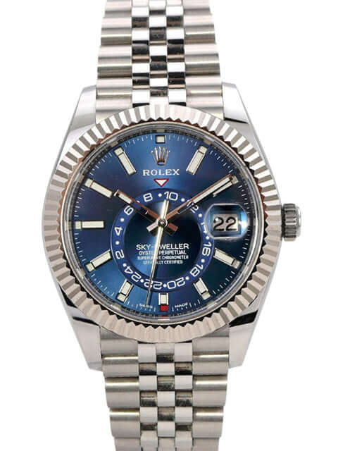 Rolex Sky-Dweller 326934 Edelstahl Weißgold Blau Jubile-Band, elegantes blaues Zifferblatt und Jubilee-Armband.